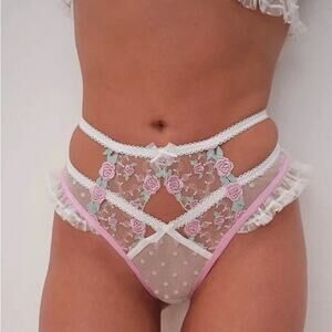 For Love & Lemons Sample Pointelle Roses Cheeky Panty Pink/White Panties Medium
